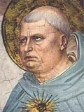 Thomas Aquinas, shown as an ageing man with greying hair in a tonsure